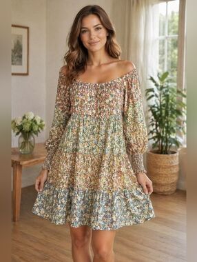 Storia Vici Babydoll Tiered Floral Print Bohemian Dress Medium